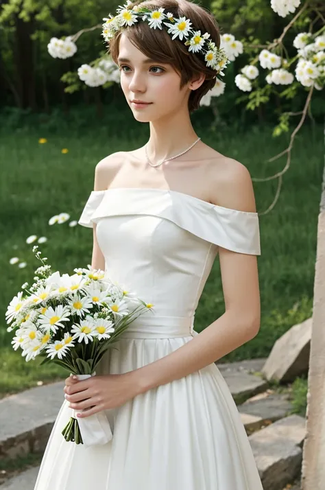 Slim twink with pretty face wearing long plain white wedding dress with off-the-shoulder cut, wearing colorful flower crown and holding a small bouquet of daisies in his hands  