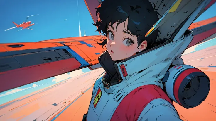 A cartoon character wearing a space suit and flying an airplane, Portrait Anime Astronaut Girl, Pilot Girl, cute Pilot Girl, Lo-fi Girl, Akira art style, Macross Style, Akira-style illustration, style of akira motion movie, M cross, Akira Vibe, Inspired by...