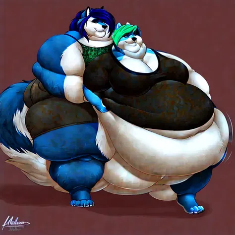 Malamute, female, long blue hair, black and blue body,, huge hips, huge thighs, plump, voluptuous,obese, gorgeous, beautiful, eyelashes, tank top, shorts,fat arms, fat legs, belly rolls, fat rolls, hip fat rolls, double chin, chubby cheeks , barefoot 