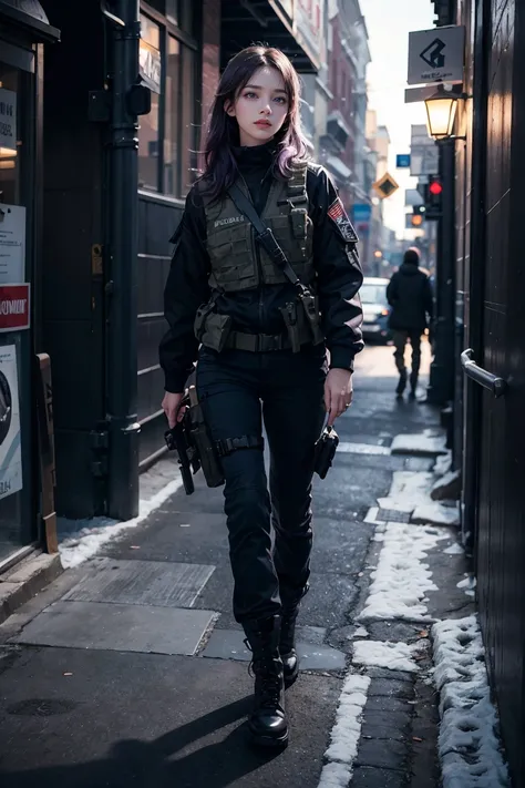 ((best quality)), ((masterpiece)), (detailed), perfect face, 1 girl, purple hair, blue beautiful eyes, tactical gear, military, black military pants, black military boots, black military jacket, military tactical vest, city. Night, winter, glasses, (real、p...