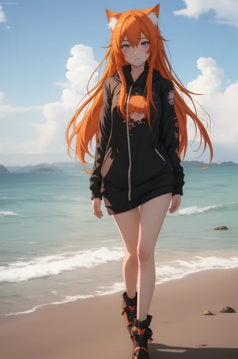 Anime girl with long orange hair, standing on the beach near the ocean, green eyes detailed digital anime art, cat ear, anime girl with long hair, гладкое аниме cg art, anime girl with long hair, digital anime art, work in Guweiz style, Beautiful anime por...