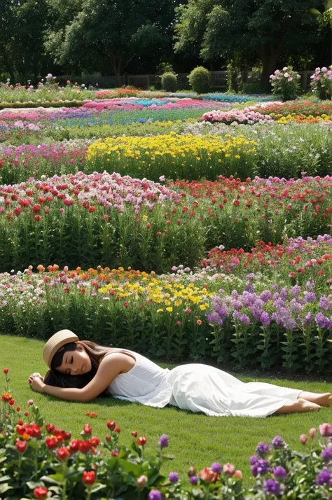 A girl dreaming about in a giant flower garden 