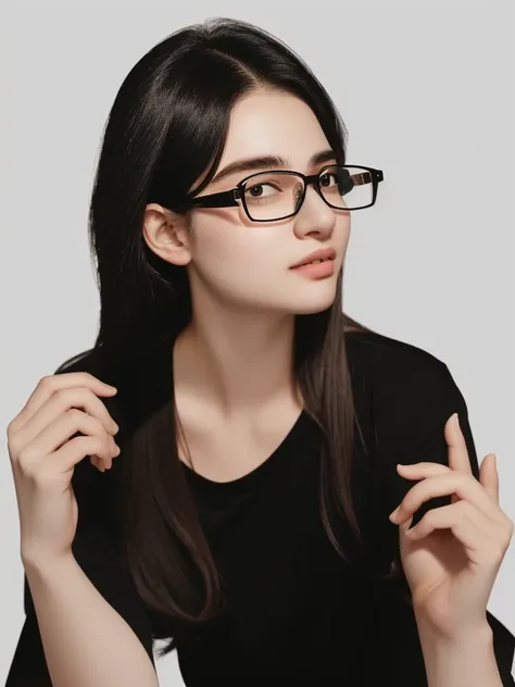 arafed woman with glasses and a black shirt on a bed, with glasses, with glasses on, 18 years old, thick glasses, spectacled, glasses, girl with glasses, 2 2 years old, 2 3 years old, 21 years old, 2 8 years old, with square glasses, eyeglasses, 2 7 years ...