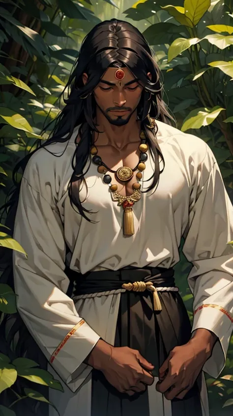 A tall black man with long hair and wearing a finger garland around his neck, has a big sword in his hand, Buddha talks to him in the middle of the forest.