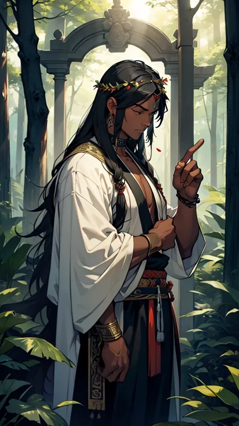 A tall black man with long hair and wearing a finger garland around his neck, has a big sword in his hand, Buddha talks to him in the middle of the forest.