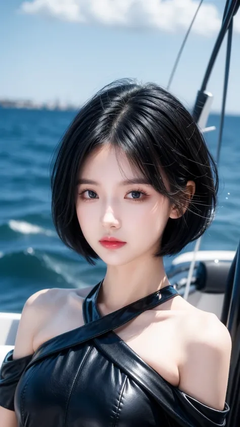 best quality, 1 Girl, dark blue hair, black eyes, Very short hair, Spiky hair, black dress luxury, 171 cm, Messy hair, Hair between the eyes, Medium breasts, full, Tomboy, aldult, 20 years old, 1 Girl with yatch black luxury at the sea