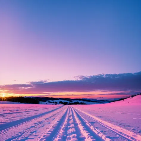 snowy road with tracks and tracks in the snow with a pink sky, magnificent background, magical colors and atmosphere, magical colours and atmosphere, glowing snow, stunning ski, extremely beautiful and ethereal, beautiful iphone wallpaper, pink landscape, ...