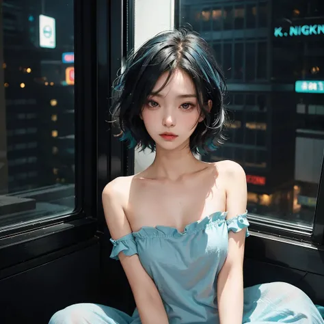 High quality, 16k, 8k, HD, best quality, black and cyan hair color, short hair, perfect face, beautiful, without makeup, restless face, looking out the window, nighttime, midnight, quiet, cyberpunk, nightgown, midnight, feeling uncomfortable, oppai, facele...