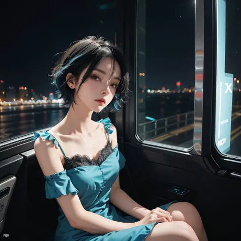 High quality, 16k, 8k, HD, best quality, black and cyan hair color, short hair, perfect face, beautiful, without makeup, restless face, looking out the window, nighttime, midnight, quiet, cyberpunk, nightgown, midnight, feeling uncomfortable, oppai, facele...