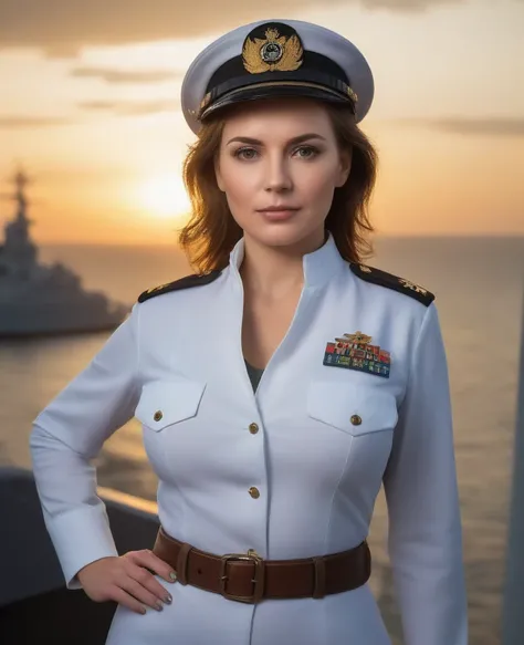 (8K, photorealistic, Raw photo, top quality;1.4) , (1 mature woman), super beauty (Realistic face) Woman in white uniform posing on a warship, big breasts, Woman in military uniform, military uniform trousers, beautiful expression, real leather, Super high...