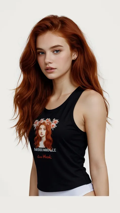 (((Masterpiece))), 25-year-old Caucasian French girl with shoulder-length messy red hair, adorned with , blooming hair akin to a royal . Captured in the best quality, this illustration serves as a 4K wallpaper, wearing T-shirt, black leggings, black Nike s...