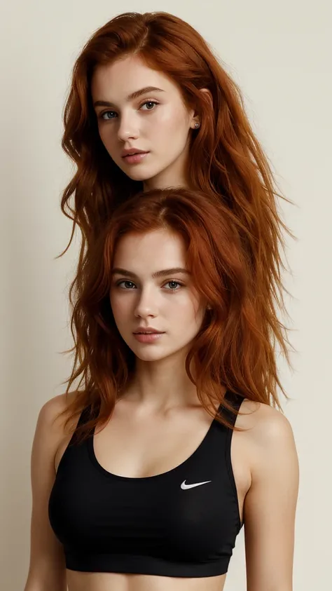 (((Masterpiece))), 25-year-old Caucasian French girl with shoulder-length messy red hair, adorned with , blooming hair akin to a royal . Captured in the best quality, this illustration serves as a 4K wallpaper, wearing T-shirt, black leggings, black Nike s...