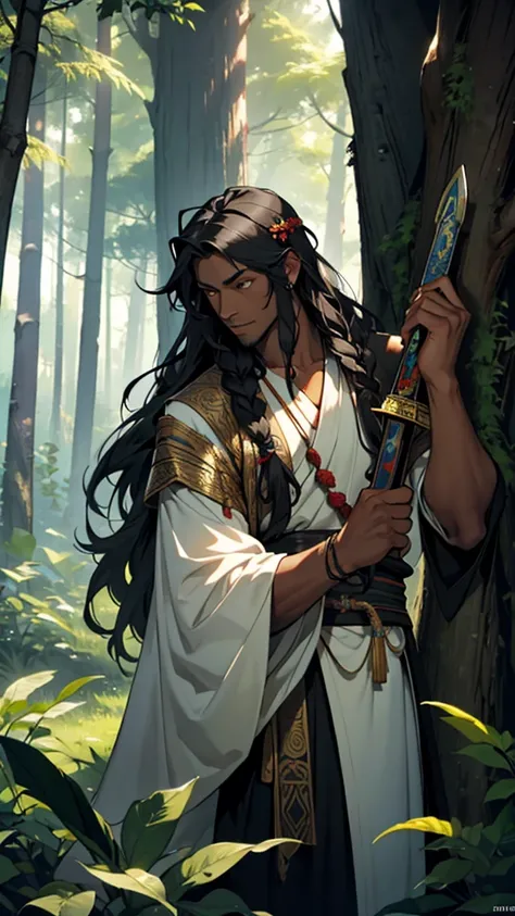 A tall black man with long hair and wearing a finger garland around his neck, has a big sword in his hand, Buddha talks to him in the middle of the forest.