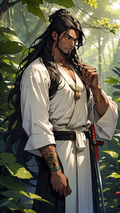 A tall black man with long hair and wearing a finger garland around his neck, has a big sword in his hand, Buddha talks to him in the middle of the forest.