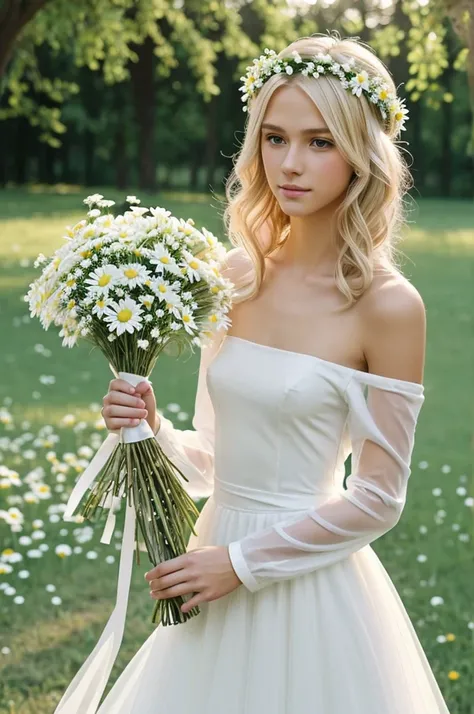 Slim blonde boy twink with pretty face wearing long plain white wedding dress with off-the-shoulder cut smooth and transparent long fluffy sleeves wearing colorful flower crown and holding a small bouquet of daisies in his hands 