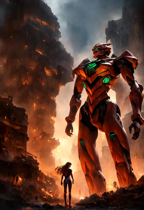 a beautifully detailed portrait of Evangelion Asuka with her hair pulled back, wearing her iconic pilot suit, standing next to her Eva (mecha) in a war-torn city, cinematic lighting, highly detailed, intricate mechanical design, dramatic atmosphere, intens...