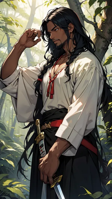 A tall black man with long hair and wearing a finger garland around his neck, a big sword in his hand, is plucking leaves from a tree in the middle of the forest.