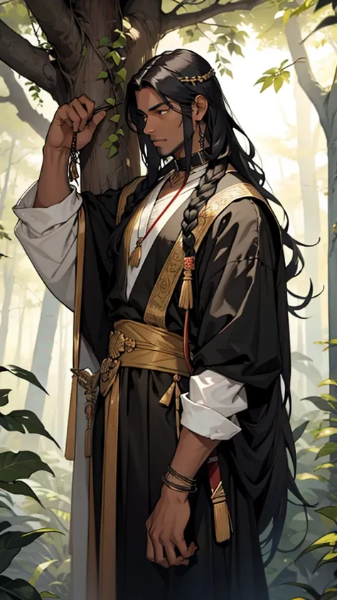 A tall black man with long hair and wearing a finger garland around his neck, a big sword in his hand, is plucking leaves from a tree in the middle of the forest.