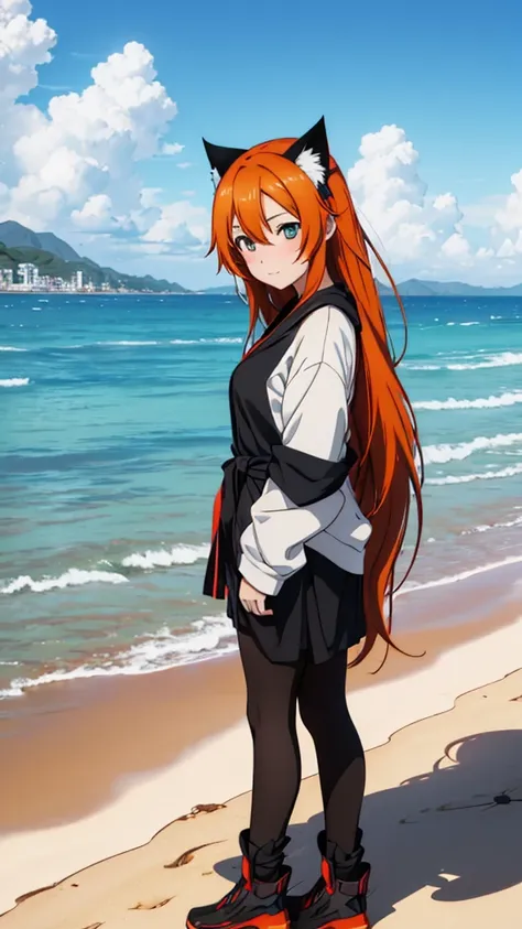 Anime girl with long orange hair, standing on the beach near the ocean, green eyes detailed digital anime art, cat ear, anime girl with long hair, гладкое аниме cg art, anime girl with long hair, digital anime art, work in Guweiz style, Beautiful anime por...