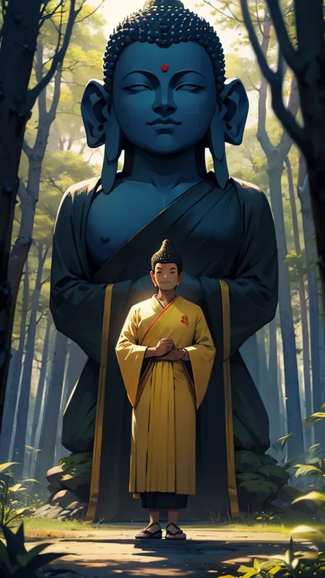 Lord Buddha standing in the middle of a peaceful forest