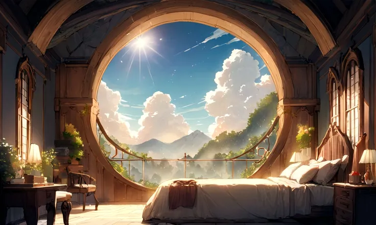 ((((masterpiece, Highest quality, High resolution)))), High detail, manga，anime，Illustration Style，Use of bright colors，The color scheme is reminiscent of daytime scenes from Ghibli Studios.., The fantasy world of medieval Europe,bedroom, Sophisticated int...