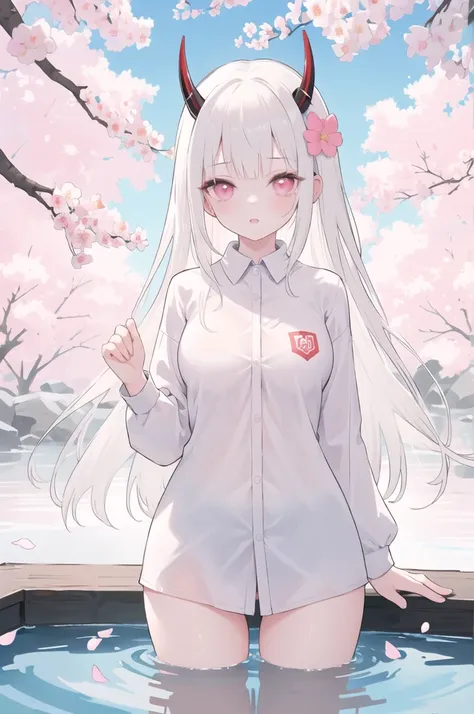 (masterpiece, best quality), 1girl, white hair, long hair, pink eyes, blossom, in hot springs, blossom, shirt, in the , naked, facing backwards, two horn, tatto yakuza,