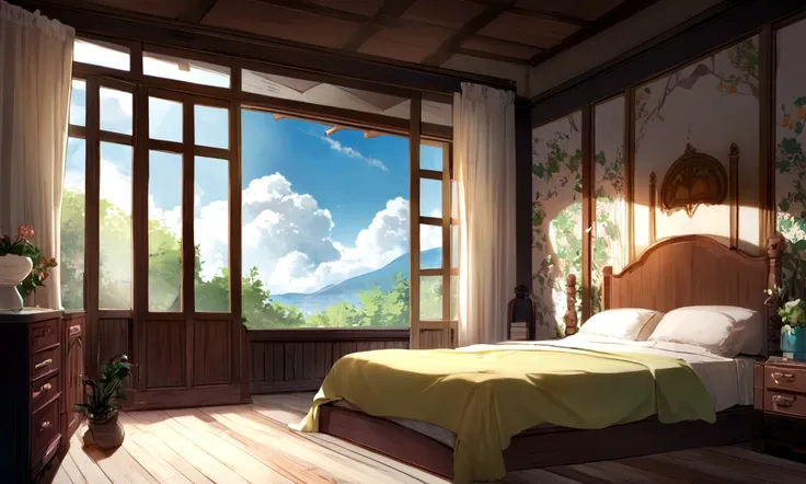 ((((masterpiece, Highest quality, High resolution)))), High detail, manga，anime，Illustration Style，Use of bright colors，The color scheme is reminiscent of daytime scenes from Ghibli Studios.., The fantasy world of medieval Europe,Bedroom in a house in the ...