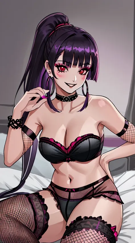 (((blunt bangs))), (((ponytail))), ((long sideburns)), ((purple hair)), ((((flirty smile)))), (((rocker chick))), (((adult))), (big boobs), ((cleavage)), ((bed room)), ((red eyes)), ((((black makeup)))), (((face detail))), ((beautiful)), blushing, (legs), ...