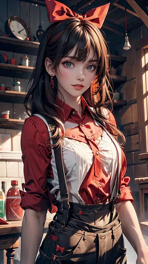 Highest quality, Candy, masterpiece, One girl, alone, Small breasts, Cowboy Shot, suspenders, Red Shirt, Black Ribbon