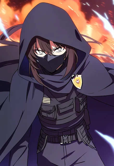 anime male, black messy hair, white eyes, black facemask covering both mouth and nose, black hood, black long scarf, black cloak...