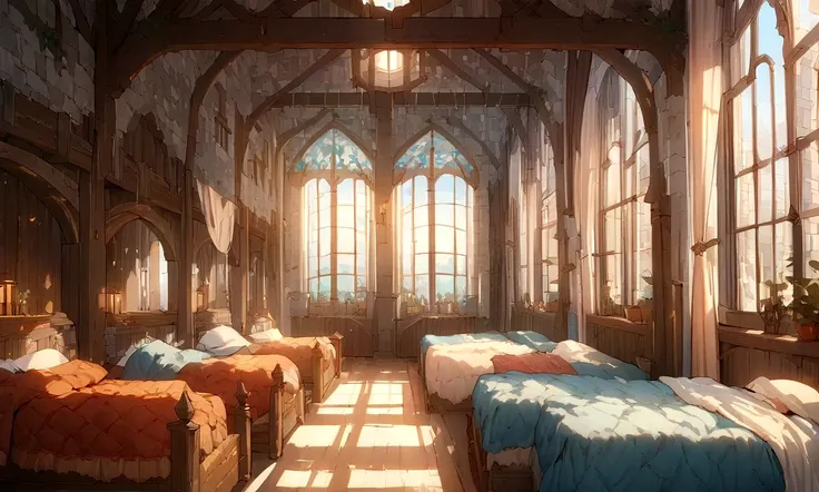 ((((masterpiece, Highest quality, High resolution)))), High detail, manga，anime，Illustration Style，Use of bright colors，The color scheme is reminiscent of daytime scenes from Ghibli Studios.., The fantasy world of medieval Europe,Bedroom in a house in the ...