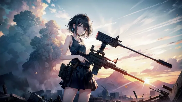 (Torn clothes), Tank top shirt, skirt, Anti-tank rifles, Rocket Launcher, Assault rifle, Beam rifle, Handgun, ruins, Absurd, RAW Photos, Very delicate and beautiful, masterpiece, Highest quality, Ultra-high resolution, 32K, Surreal, Very detailed, Detailed...