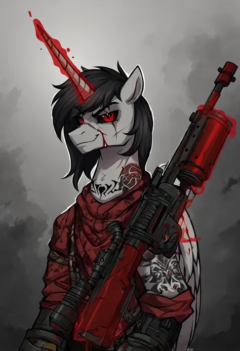 alicorn stallion red and black hair, red cybernetic eyes, ,black sclera badass ,tattoo on neck, scar on left eye holding sniper ...