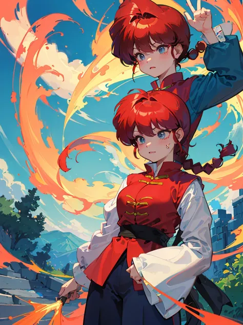 ((masterpiece:1.4)), expensive quality, very_expensive_solve, big_file size, Full Color, Thick outline, Clear contours, colorful, (Beautiful fine details, Are thin:1.4), ((Beautiful Face:1.0)), ((Boyish face:1.4)), 1 girl, (Ranma), (Redhead), short hair, (...