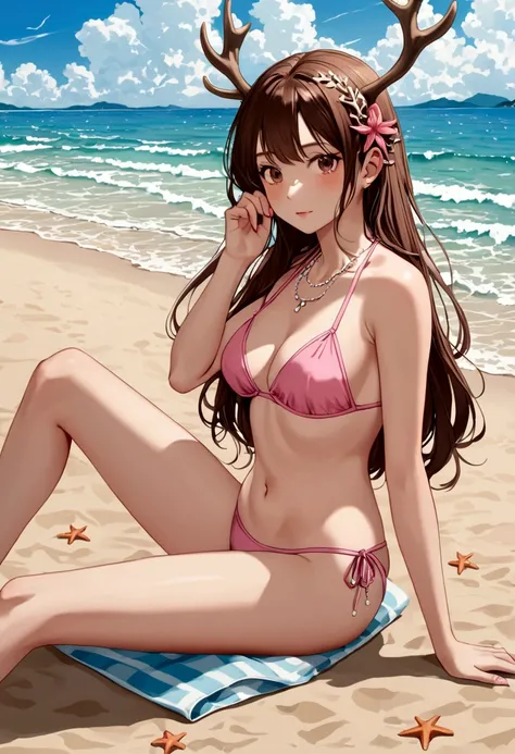 brown hair girl with antler wearing pink bikini sit on beach