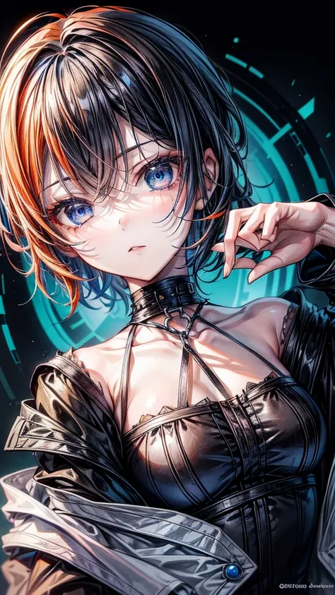 masterpiece, Highest quality, One girl, blue eyes, Orange Hair, ((short hair)), ((Black Hair)), Gothic, choker, Long, narrow eyes, Face close-up,
