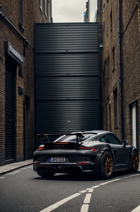 A stunning high definition poster of a tuning 2024 Porsche GT3 RS with meticulously applied matte black vinyl. The car is parked in a narrow alley in a busy neighborhood in the city of London.  The background shows the iconic skyscrapers of London&#39;s fi...