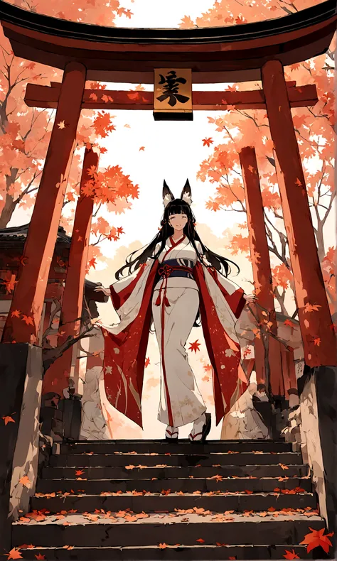 （Fox ears），Mature and elegant，Elegant and mysterious，身穿kimono的女性、Long hair，（kimono，White tabi and geta），shrine，Shrine maiden，Gentle smile，美丽的shrine风景，Autumn,maple，Anime Background，Japanese art style，fallen leaves