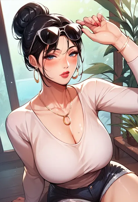 Hot sexy beautiful milf mom , hoops earrings,black hair,long slick back hair,blush,blue eyes, necklace ,one hair bun, lipstick,  a light purple turtleneck, dark, fuchsia-colored shorts,black sunglasses on head 