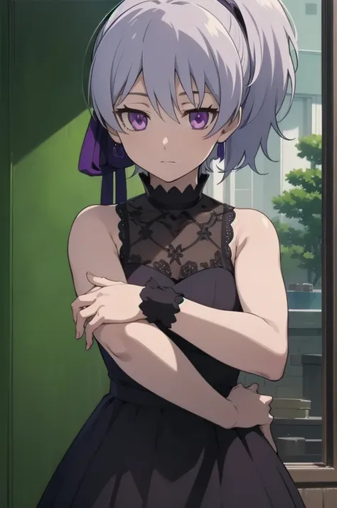 masterpiece, Highest quality, Movie stills, One girl, alone, View your viewers, Upper Body, , Anime Coloring, , Are doing_dark_than_black, Grey Hair, Purple eyes, ponytail, black dress,white lace panties,