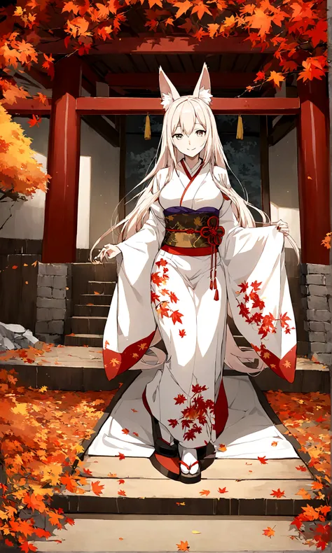 （Fox ears），Mature and elegant，Elegant and mysterious，身穿kimono的女性、Long hair，（kimono，White tabi and geta），shrine，Shrine maiden，Gentle smile，美丽的shrine风景，Autumn,maple，Anime Background，Japanese art style，fallen leaves