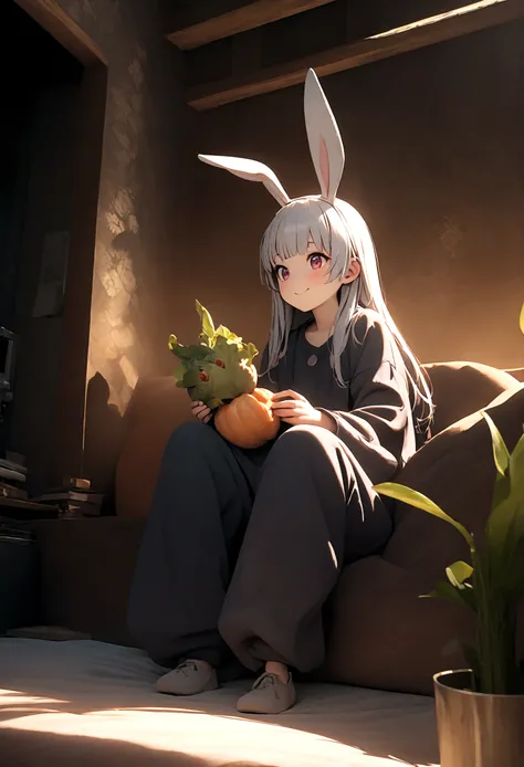 Nanaki(Made in Abyss,male,Lovely,hairy,have,Rabbit ears,Silver Hair,long hair,Baggy pants,Tail,Smile)Sitting and eating weird food,Beautiful nature, You can see strange and chaotic large animals from far away,, rest ,quality(8K,wallpaper of extremely deTai...