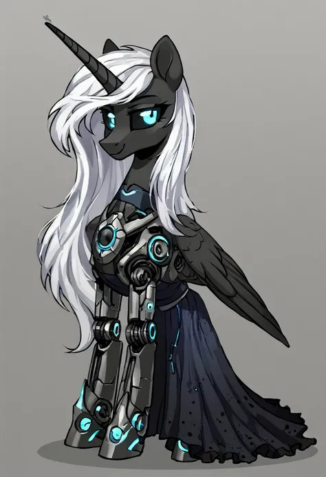 Alicorn, white mane,light blue cybernetic eyes, cybernetic body,black sclera ,black body color  long mane ,princess beautiful dress pony smiling 