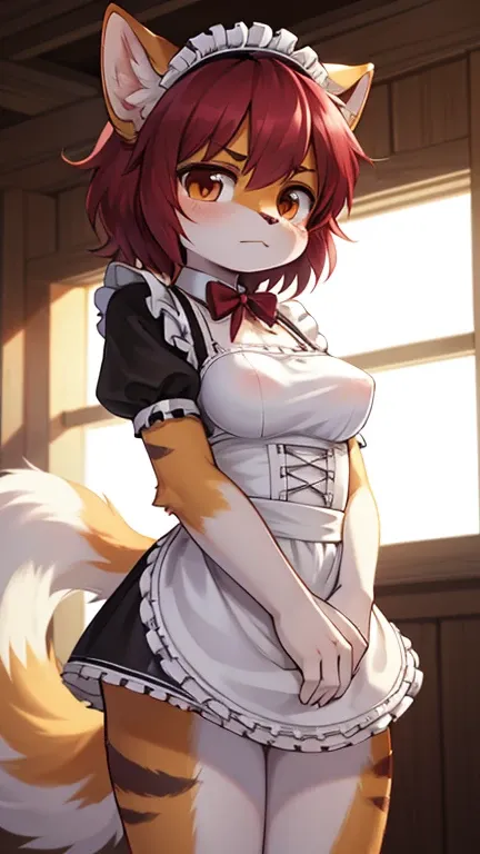 best quality, best resolution, (fluffy anthro furry), calico cat girl, maroon hair, short wavy hair, brown eyes, [[make the fur surrounding her right eye brown]], medium breast, tomboy manner, (maid outfit), standing, grumpy