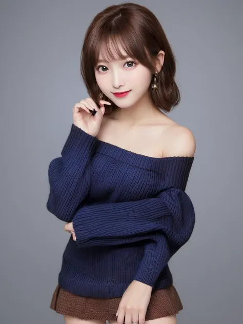 Tabletop, Highest quality, figure, Super detailed, In detail, High resolution, 8k wallpaper, Perfect dynamic composition, Beautiful attention to detail, (Brown off-the-shoulder knit sweater:1.8),(Plain navy blue micro mini skirt:1.8)、Medium Hair,Large brea...