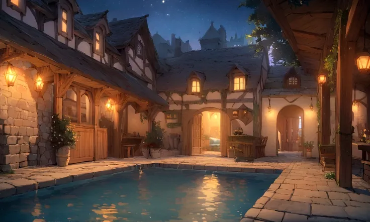 ((((masterpiece, Best Quality, High resolution)))), High detail, manga，anime，Illustrated style，Fantastic use of colors，Ghibli Studio&#39;s Color Scheme, Medieval European fantasy worldview,  Holiday home with pool, courtyard, Sophisticated interior, Starry...