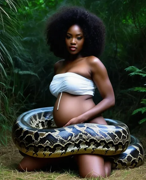  Pregnant Happy Horny, aroused 1girl), beautiful kneeling ebony    young teen girl  with  giant colossal  white  titanboa squeezing her hard, wrapped in thick spiraling coils, constricted, struggle, gasping for air, snake attack, snake peril, moonless nigh...