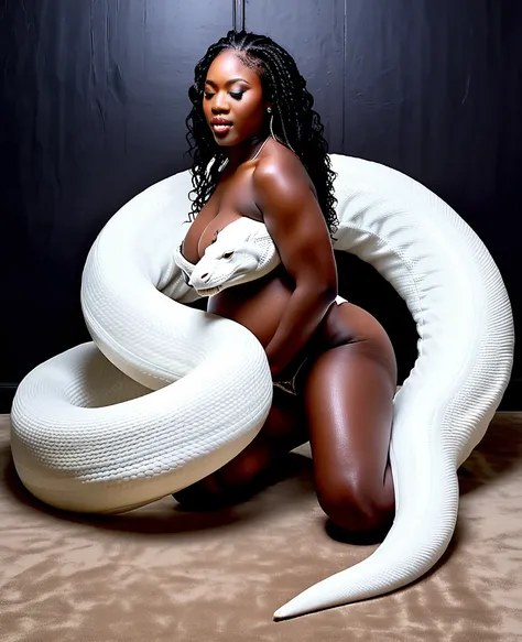  Pregnant Happy Horny, aroused 1girl), beautiful kneeling ebony    young teen girl  with  giant colossal  white  titanboa squeezing her hard, wrapped in thick spiraling coils, constricted, struggle, gasping for air, snake attack, snake peril, moonless nigh...