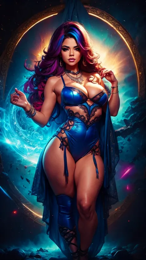 Full body of Latina Adult model Daisy Marie with colorful hair and necklace, ultrarealistic women with cosmic hair, Rossdraws soft vitality, Guvez style artwork, fantasy art style, colorful], vibrant fantasy style, Rossdraws cartoon full of vitality, cosmi...