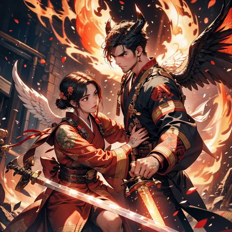 beautiful angel fighting with demon, tattoo, fire, sword, kimono, demon, 